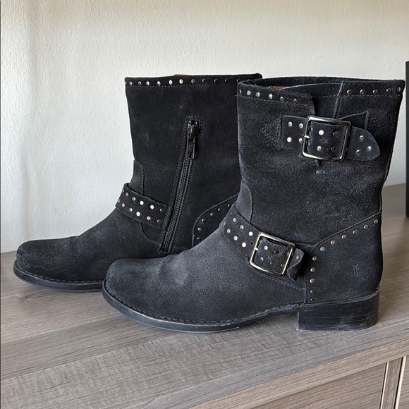 Frye Black Ankle Boots with Studded Straps - Picture 1 of 9